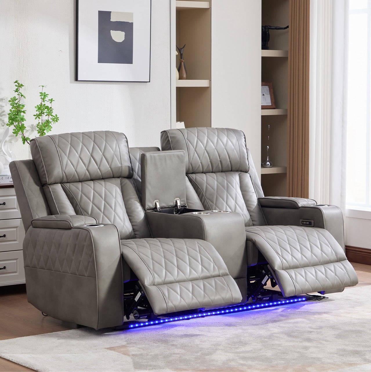 Canapea dumonde, reclinere electrice, incarcare wireless, USB-C, suport pahare incalzite, lumini LED Selvar 185x97 cm