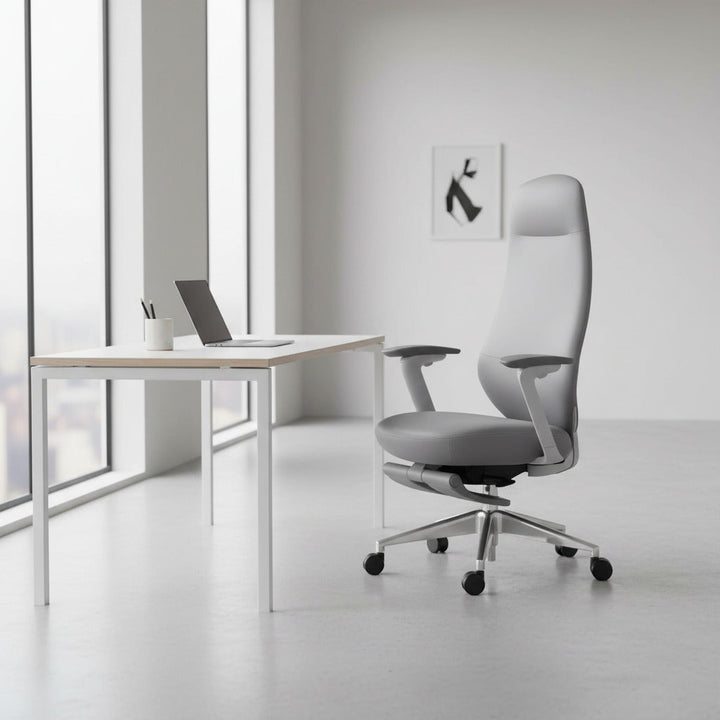 Scaun ergonomic profesional modern Prime dumonde, cotiere reglabile 4D ultra moi, baza din aluminiu, mecanism multifunctional inclinare/blocare, gri