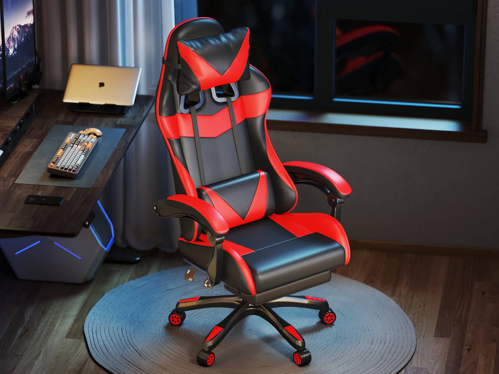 Scaun gaming Dumonde RIFT, mecanism multifuncțional, ecopiele, suport picioare, rosu/negru