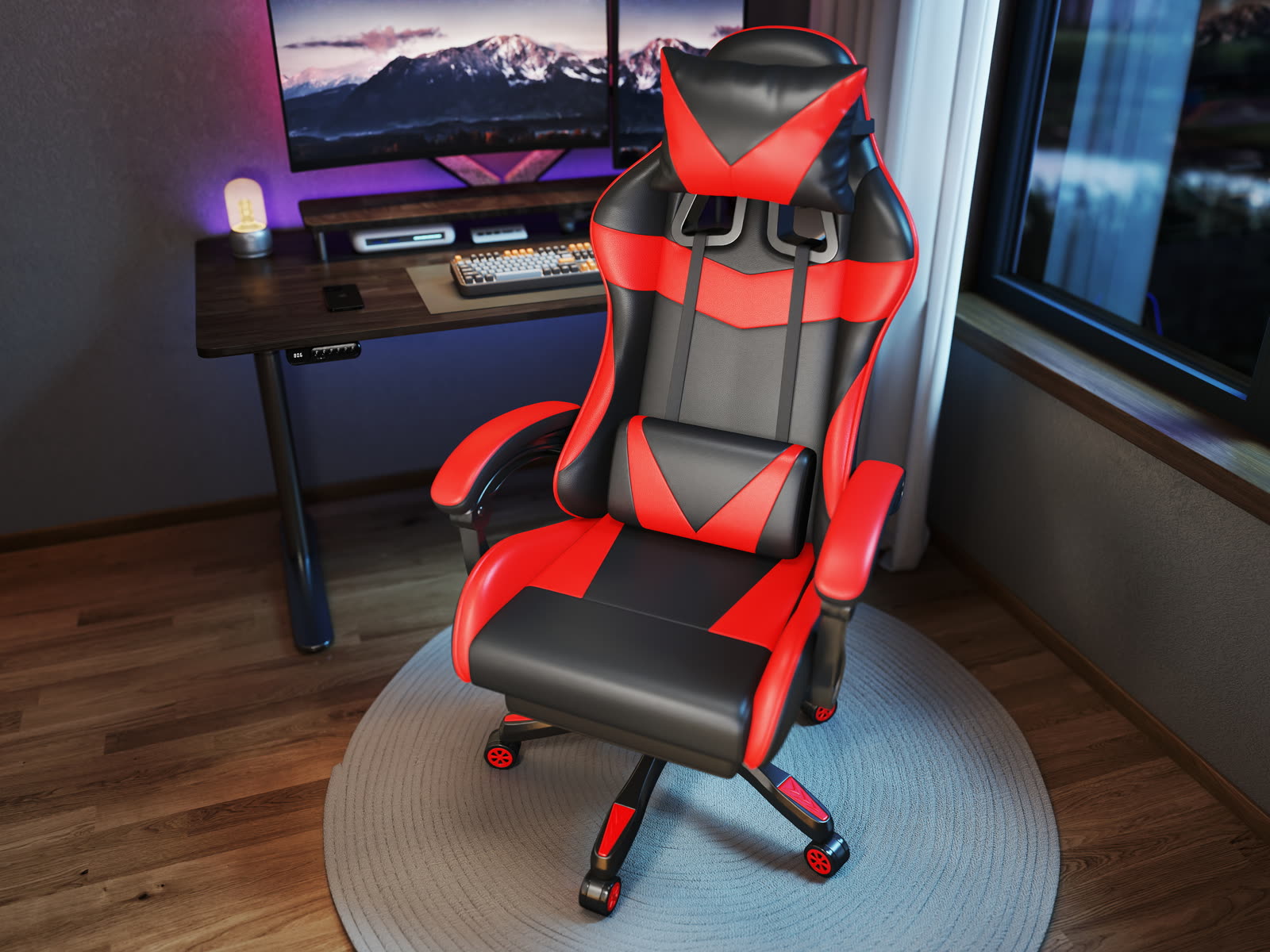 Scaun gaming Dumonde RIFT, mecanism multifuncțional, ecopiele, suport picioare, rosu/negru