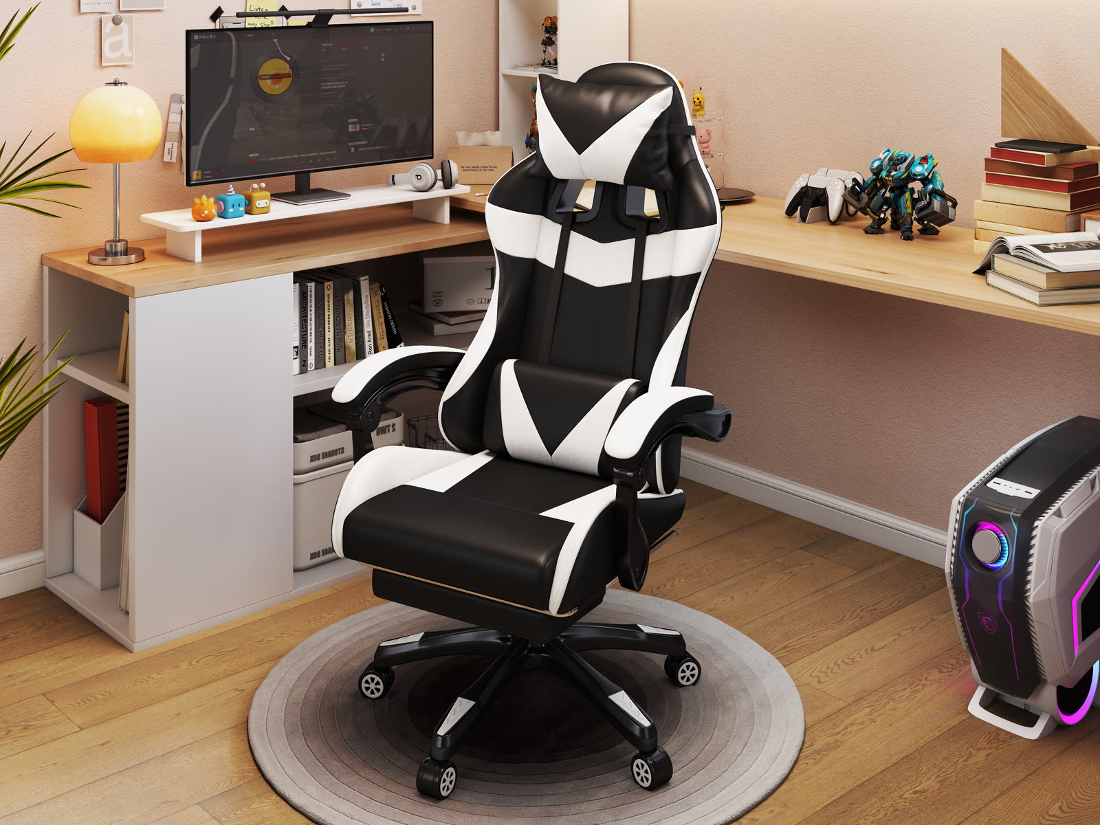 Scaun gaming Dumonde NOVA, mecanism multifuncțional, ecopiele, suport picioare, alb/negru