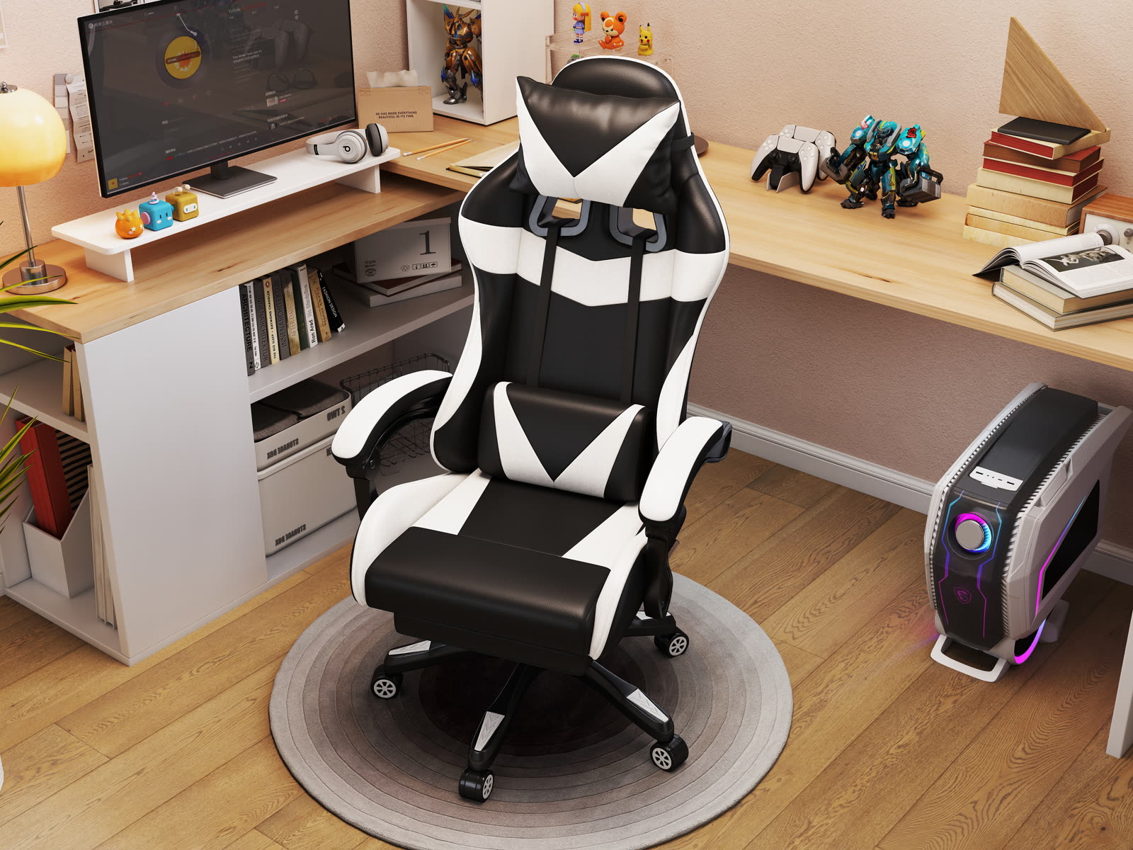 Scaun gaming Dumonde NOVA, mecanism multifuncțional, ecopiele, suport picioare, alb/negru