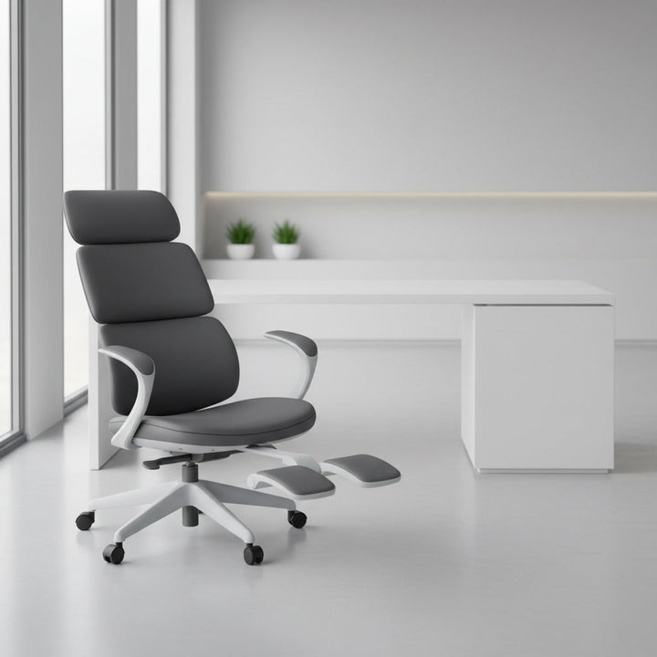 Scaun ergonomic profesional modern Neo Grey dumonde, cotiere ultra moi, mecanism multifunctional inclinare/blocare, suport picioare, gri