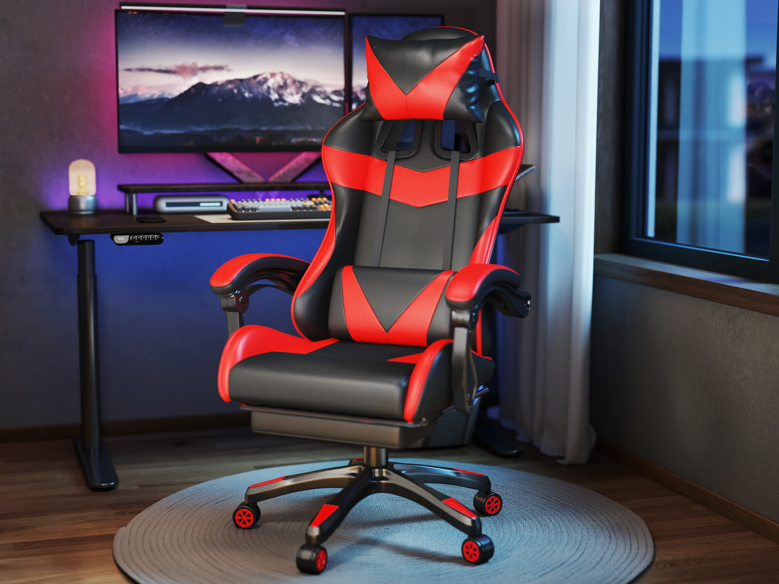 Scaun gaming Dumonde RIFT, mecanism multifuncțional, ecopiele, suport picioare, rosu/negru