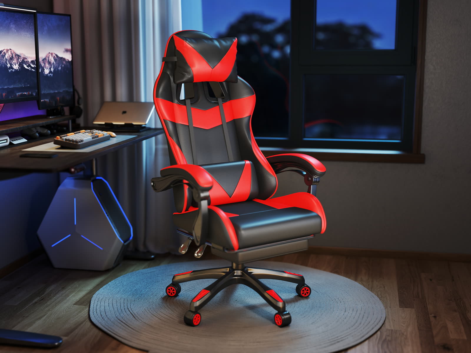 Scaun gaming Dumonde RIFT, mecanism multifuncțional, ecopiele, suport picioare, rosu/negru