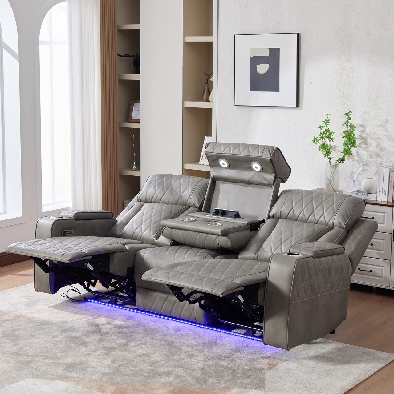 Canapea dumonde, reclinere electrice, incarcare wireless, USB-C, suport pahare incalzite, lumini LED Selvar 215x97 cm