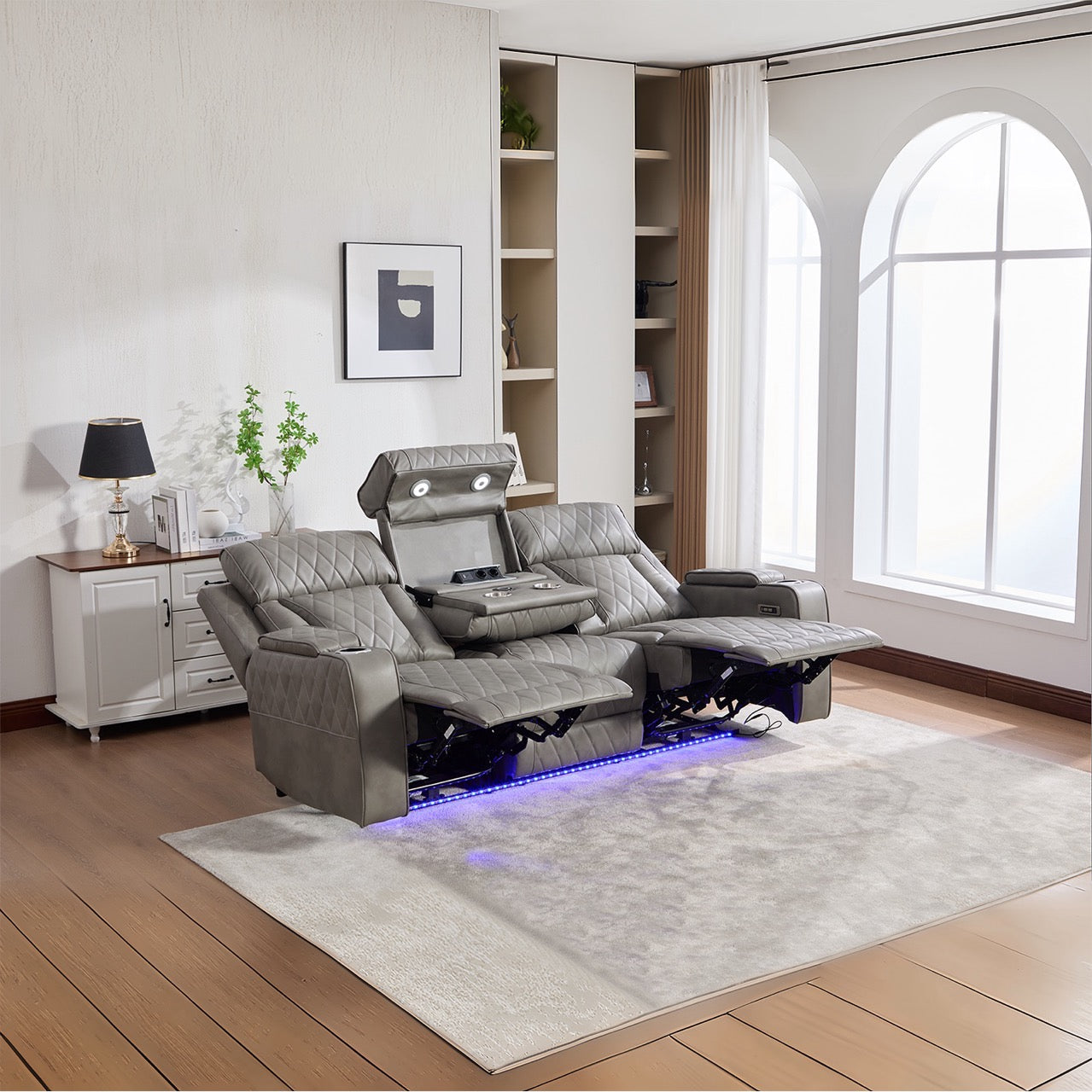 Canapea dumonde, reclinere electrice, incarcare wireless, USB-C, suport pahare incalzite, lumini LED Selvar 215x97 cm