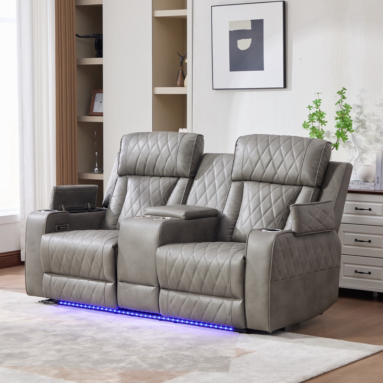 Canapea dumonde, reclinere electrice, incarcare wireless, USB-C, suport pahare incalzite, lumini LED Selvar 185x97 cm