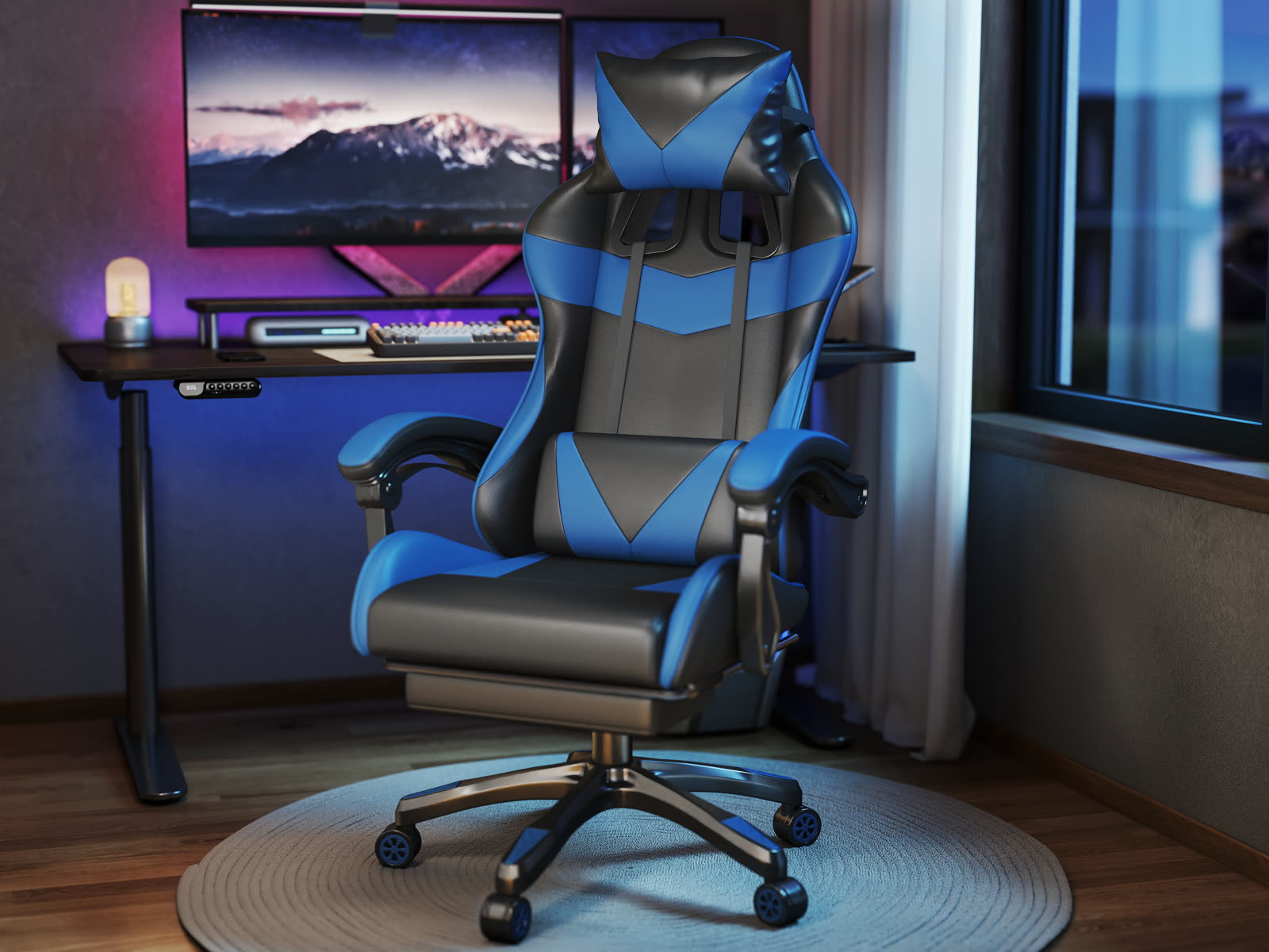 Scaun gaming Dumonde VALKYRIE, mecanism multifuncțional, ecopiele, suport picioare, albastru/negru