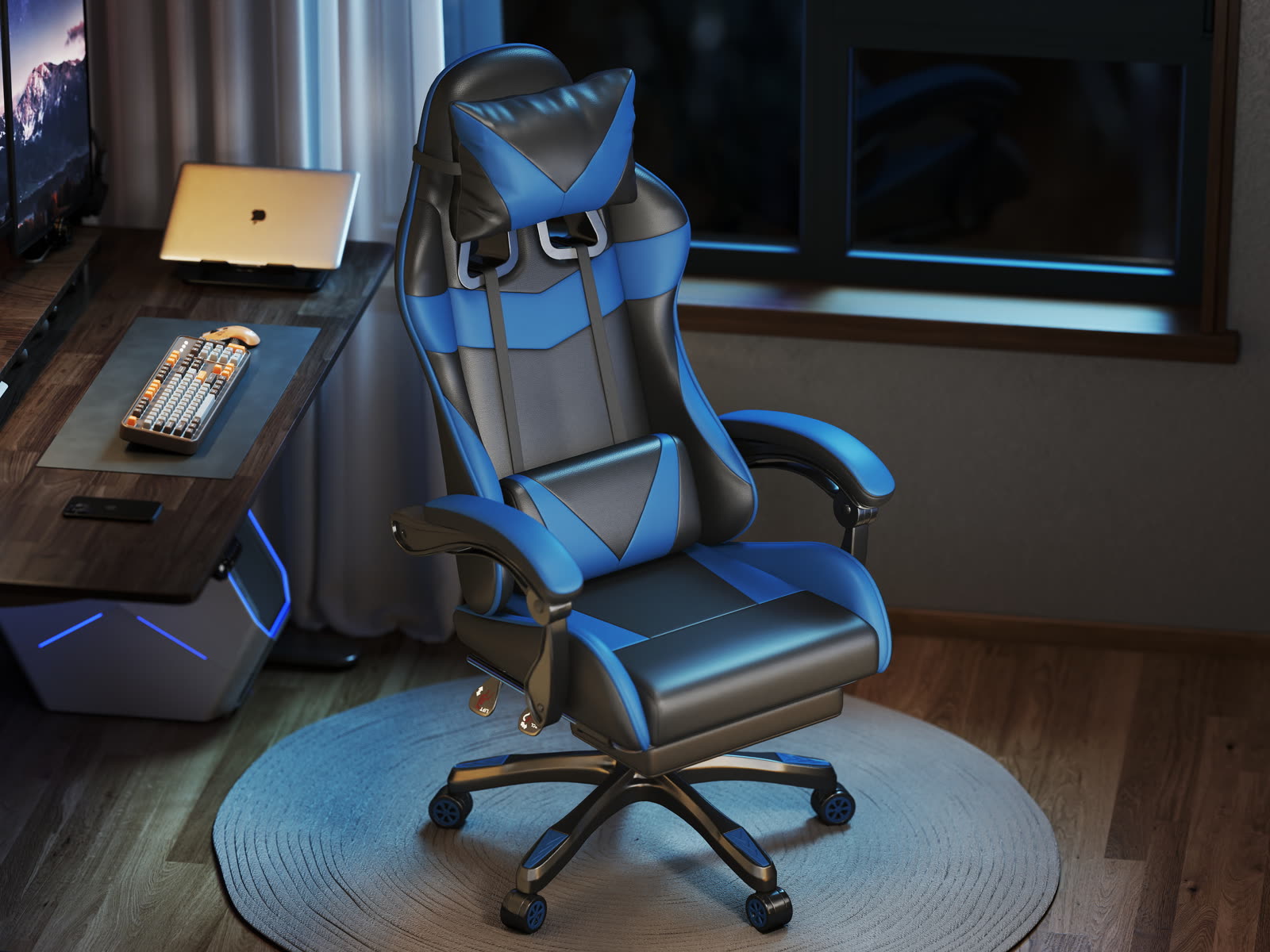 Scaun gaming Dumonde VALKYRIE, mecanism multifuncțional, ecopiele, suport picioare, albastru/negru