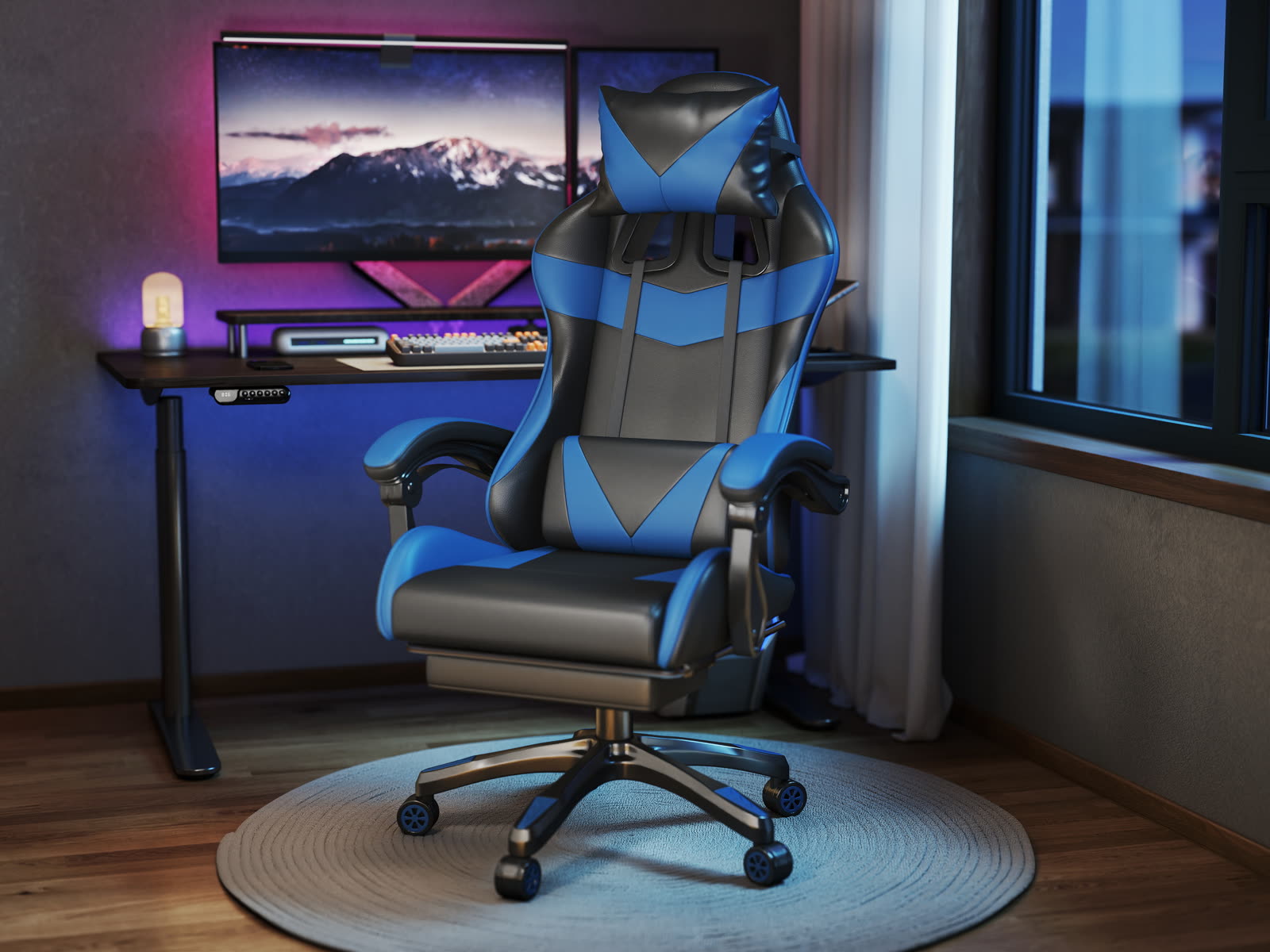 Scaun gaming Dumonde VALKYRIE, mecanism multifuncțional, ecopiele, suport picioare, albastru/negru