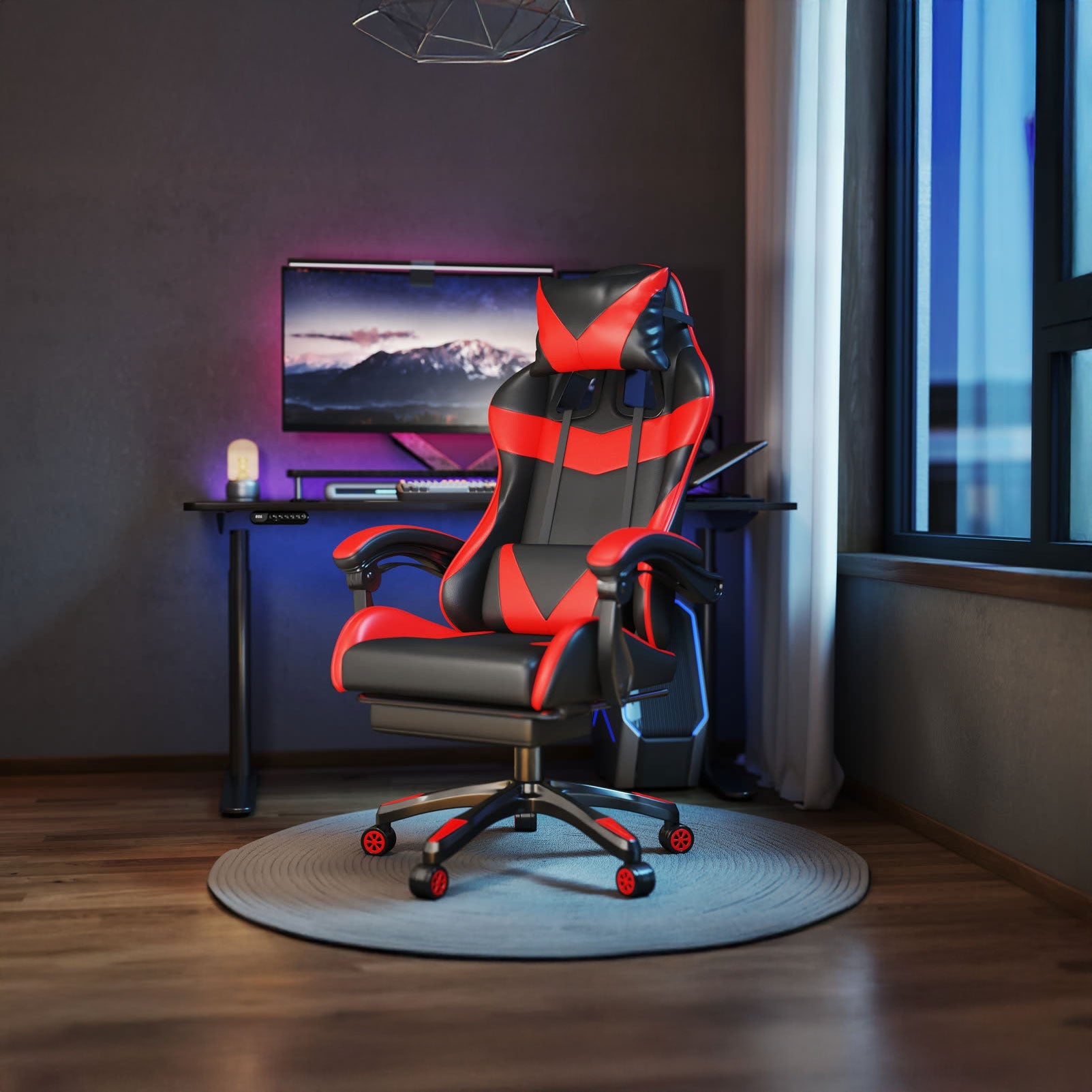 Scaun gaming Dumonde RIFT, mecanism multifuncțional, ecopiele, suport picioare, rosu/negru