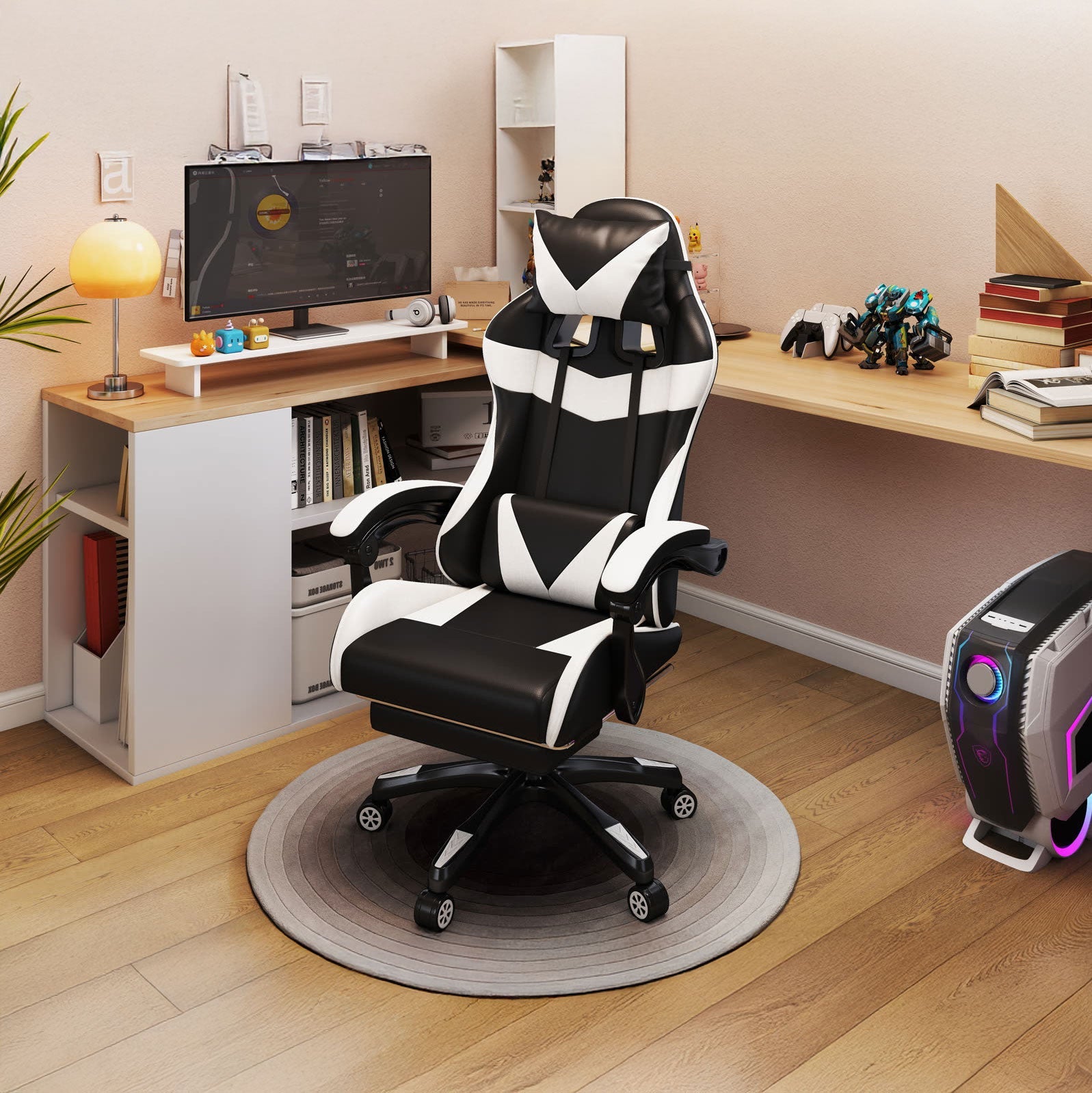 Scaun gaming Dumonde NOVA, mecanism multifuncțional, ecopiele, suport picioare, alb/negru